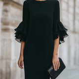 Rochie Neagră cu Mâneci Sheer cu Volane