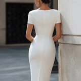 Rochie midi bodycon cu decolteu în V și mâneci scurte