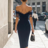Rochie Midi Bodycon cu Mâneci Din Plasă Transparentă și Umeri Descoperiți