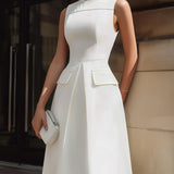 Rochie Midi Structurată fără Mâneci cu Buzunare Tip Flap