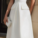 Rochie Midi Structurată fără Mâneci cu Buzunare Tip Flap