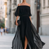 Rochie Maxi din Chiffon Plisată cu Umeri Decupați