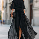 Rochie Maxi din Chiffon Plisată cu Umeri Decupați