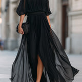 Rochie Maxi din Chiffon Plisată cu Umeri Decupați