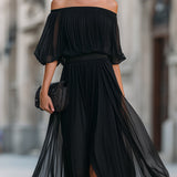 Rochie Maxi din Chiffon Plisată cu Umeri Decupați