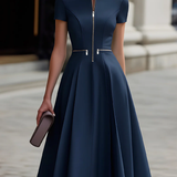 Rochie Midi Fit & Flare cu Fermuar în Față și Mâneci Scurte