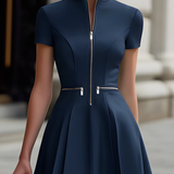 Rochie Midi Fit & Flare cu Fermuar în Față și Mâneci Scurte