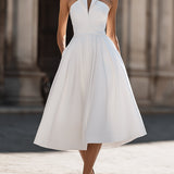 Rochie Midi A-Line cu Guler Halter Structurat