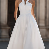 Rochie Midi A-Line cu Guler Halter Structurat