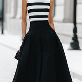 Rochie Midi Chic cu Dungi, Fără Mâneci și cu Buzunare