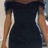Rochie Midi Bodycon cu Mâneci Din Plasă Transparentă și Umeri Descoperiți
