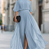 Rochie Maxi din Chiffon Plisată cu Umeri Decupați