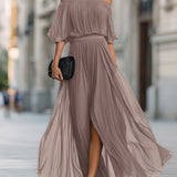 Rochie Maxi din Chiffon Plisată cu Umeri Decupați