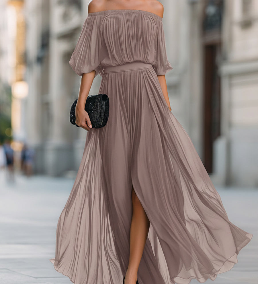 Rochie Maxi din Chiffon Plisată cu Umeri Decupați
