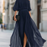 Rochie Maxi din Chiffon Plisată cu Umeri Decupați