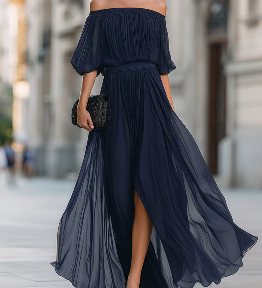 Rochie Maxi din Chiffon Plisată cu Umeri Decupați