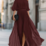 Rochie Maxi din Chiffon Plisată cu Umeri Decupați