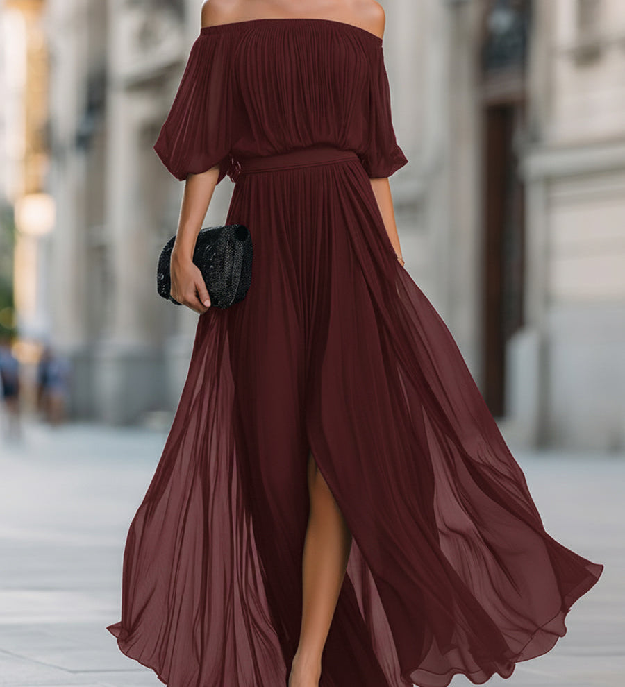 Rochie Maxi din Chiffon Plisată cu Umeri Decupați