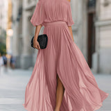Rochie Maxi din Chiffon Plisată cu Umeri Decupați