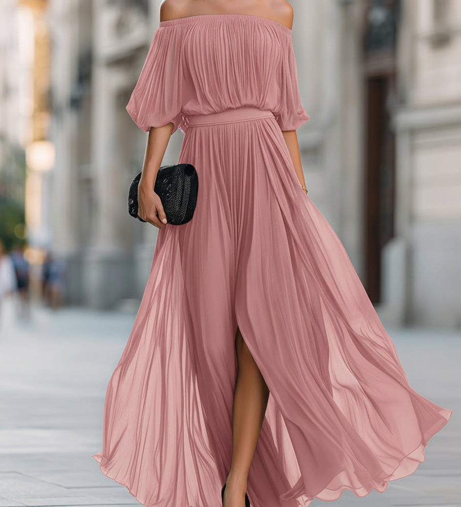 Rochie Maxi din Chiffon Plisată cu Umeri Decupați