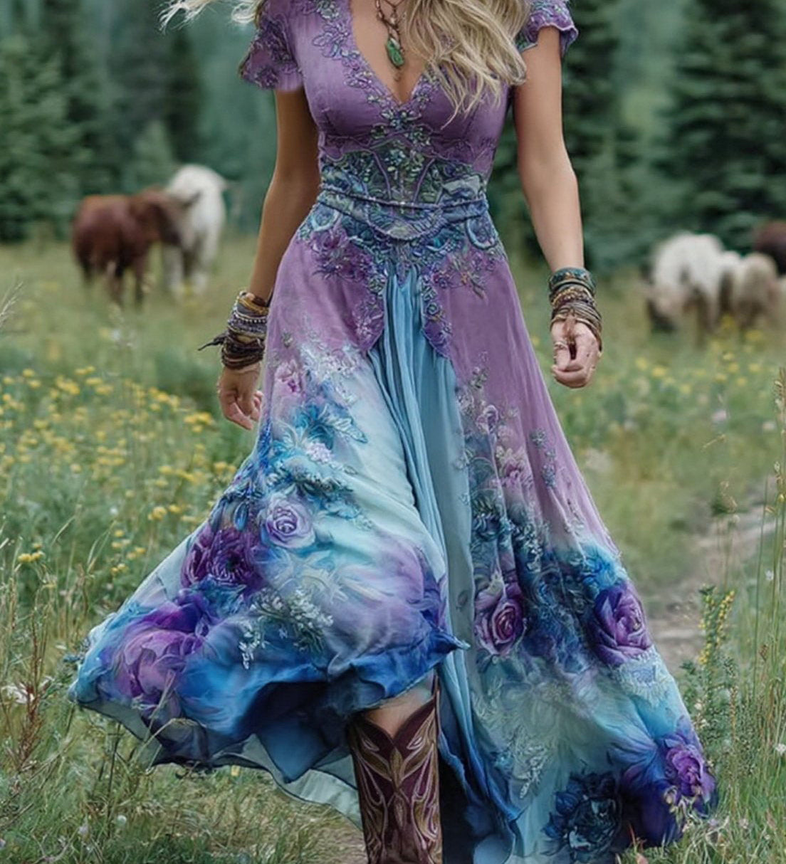 Serena | Rochie maxi scurtă cu imprimeu de flori violet, design elegant