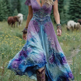 Serena | Rochie maxi scurtă cu imprimeu de flori violet, design elegant