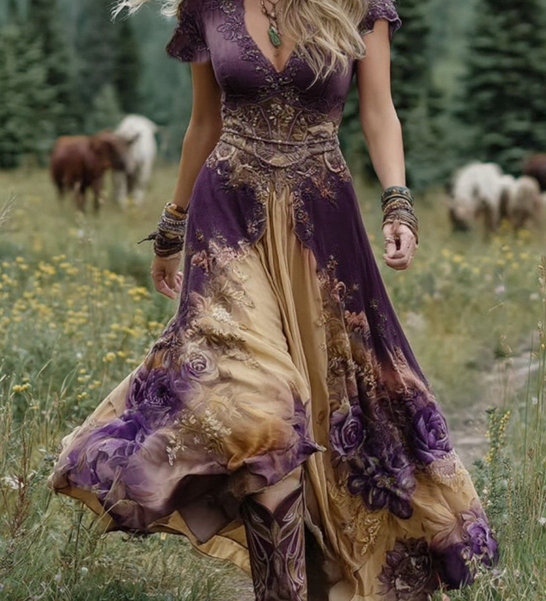 Serena | Rochie maxi scurtă cu imprimeu de flori violet, design elegant
