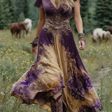 Serena | Rochie maxi scurtă cu imprimeu de flori violet, design elegant