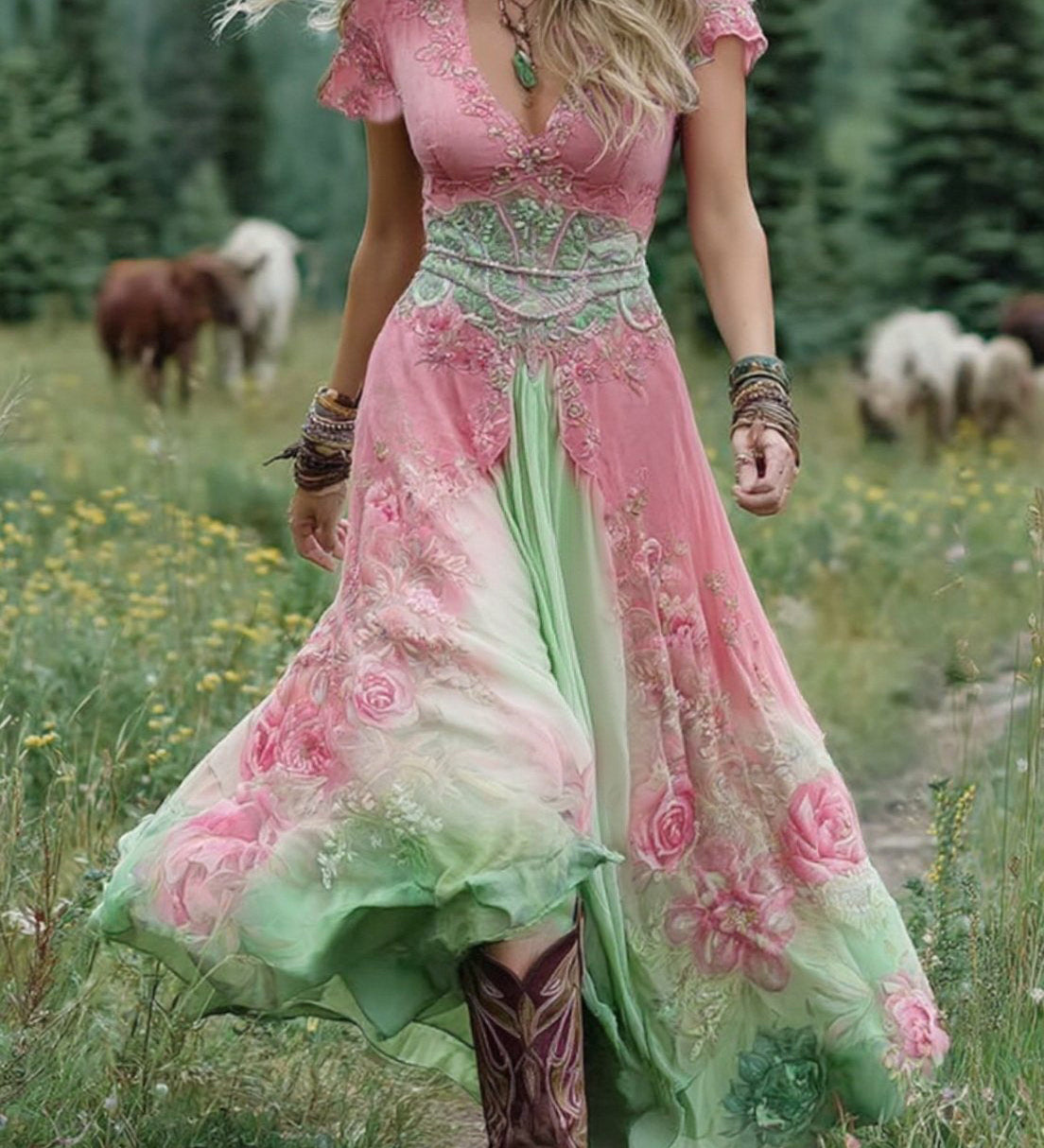 Serena | Rochie maxi scurtă cu imprimeu de flori violet, design elegant