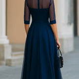 Rochie Midi Fit-and-Flare cu Overlay Transparent în Albastru Marin
