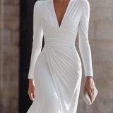 Rochie midi cu decolteu în V și mâneci lungi