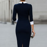 Rochie tip sheath cu guler contrastant bleumarin și alb