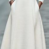 Rochie Midi Texturată Albă cu Curea și Decolteu în V