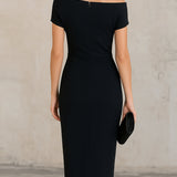 Rochie Midi Asimetrică Neagră Minimalistă cu Un Umăr