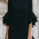 Rochie Neagră cu Mâneci Sheer cu Volane