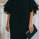 Rochie Neagră cu Mâneci Sheer cu Volane