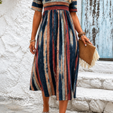 Amelia | Rochie Midi în Dungi cu Efect de Subțiere