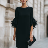 Rochie Neagră cu Mâneci Sheer cu Volane