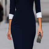 Rochie tip sheath cu guler contrastant bleumarin și alb