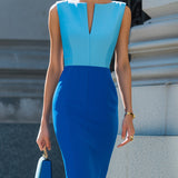Rochie midi tip sheath cu decolteu în V și două nuanțe de albastru