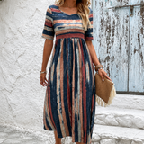 Amelia | Rochie Midi în Dungi cu Efect de Subțiere