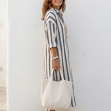 Naomi | Rochie Midi cu Mâneci Lungi și Dungi