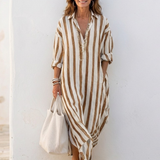 Naomi | Rochie Midi cu Mâneci Lungi și Dungi
