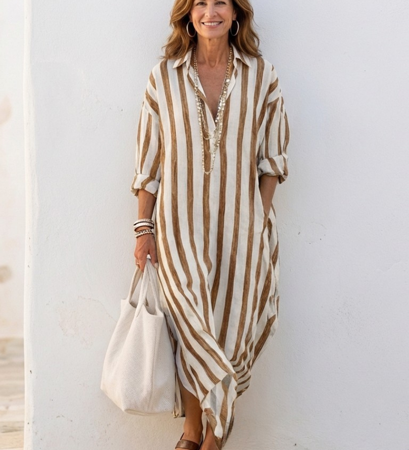 Naomi | Rochie Midi cu Mâneci Lungi și Dungi