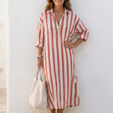 Naomi | Rochie Midi cu Mâneci Lungi și Dungi