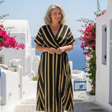 Lina | Rochie Midi Striped cu Mâneci Scurte și Decolteu în V