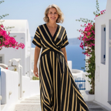 Lina | Rochie Midi Striped cu Mâneci Scurte și Decolteu în V