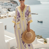 Aurelia | Rochie Maxi Floral cu Guler în V și Mâneci Scurte