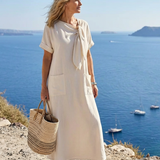 Elowyn | Rochie maxi cu guler rotund și mânecă scurtă, cu buzunare