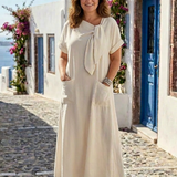 Elowyn | Rochie maxi cu guler rotund și mânecă scurtă, cu buzunare